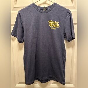 Gildan Navy T-Shirt with Yellow 'Worked to Death' Chest Logo